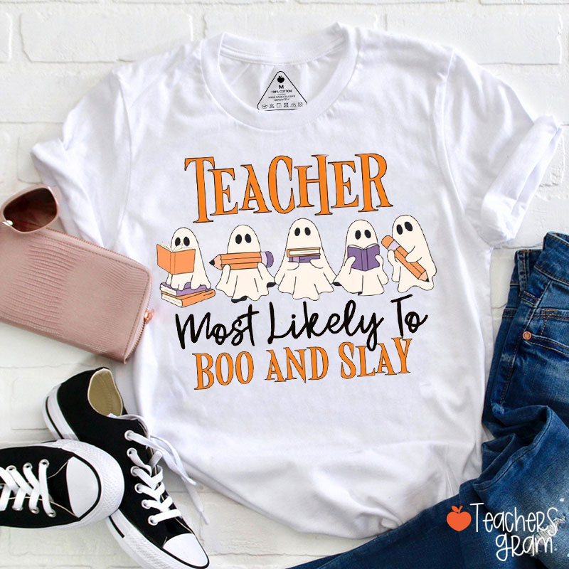 Personalized Most Likely To Halloween Ghost Funny Quote Teacher T‑Shirt