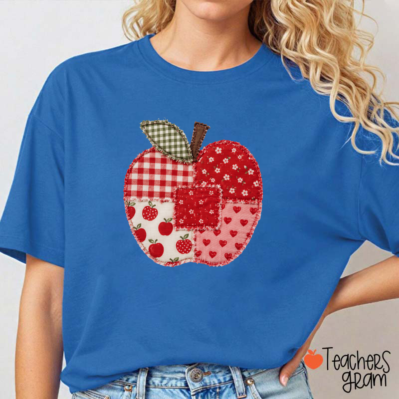 Vintage Patchwork Apple Gingham Floral Heart Teacher Graphic Teacher T-Shirt