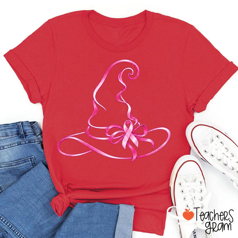 Halloween Witch Hat Pink Ribbon Breast Cancer Support Teacher T‑Shirt