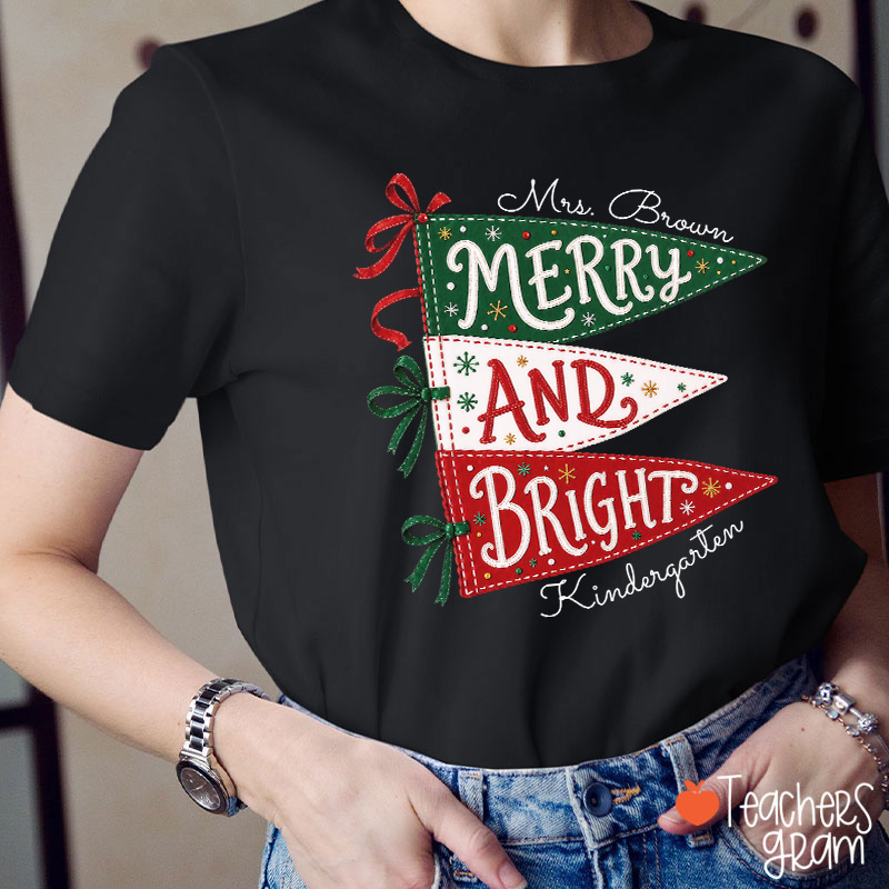 Personalized Name And Grade Merry And Bright Teacher T-Shirt