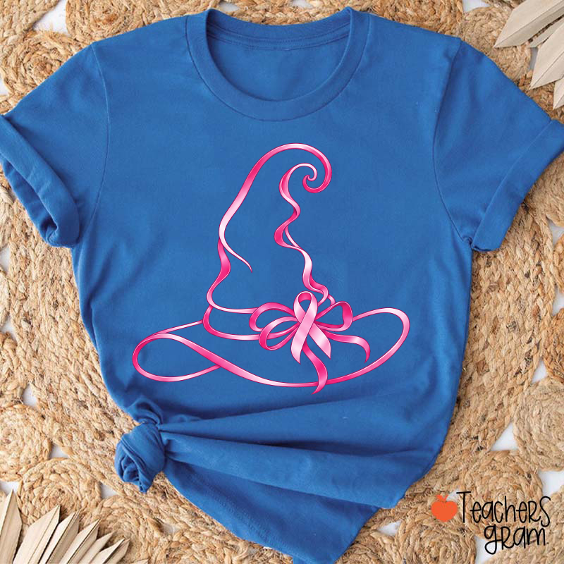 Halloween Witch Hat Pink Ribbon Breast Cancer Support Teacher T‑Shirt