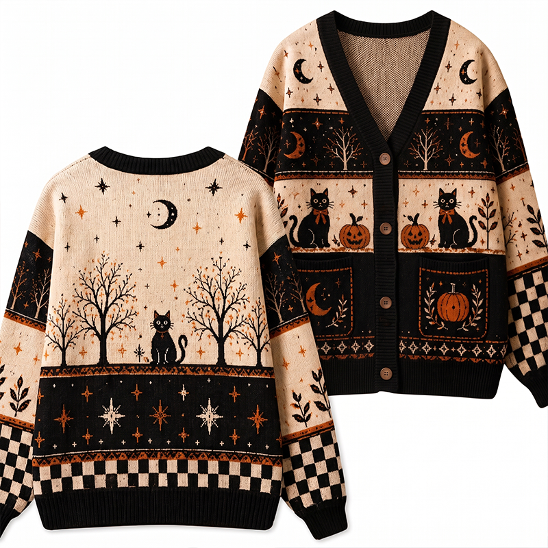 Halloween Black Cat Pumpkin Moon Star Checkered Fall Knit Teacher Ugly Cardigan Sweaters With Patch Pockets