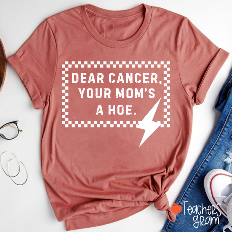 Funny Anti‑Cancer Quote Pink Checker Lightning Bolt Teacher T-Shirt