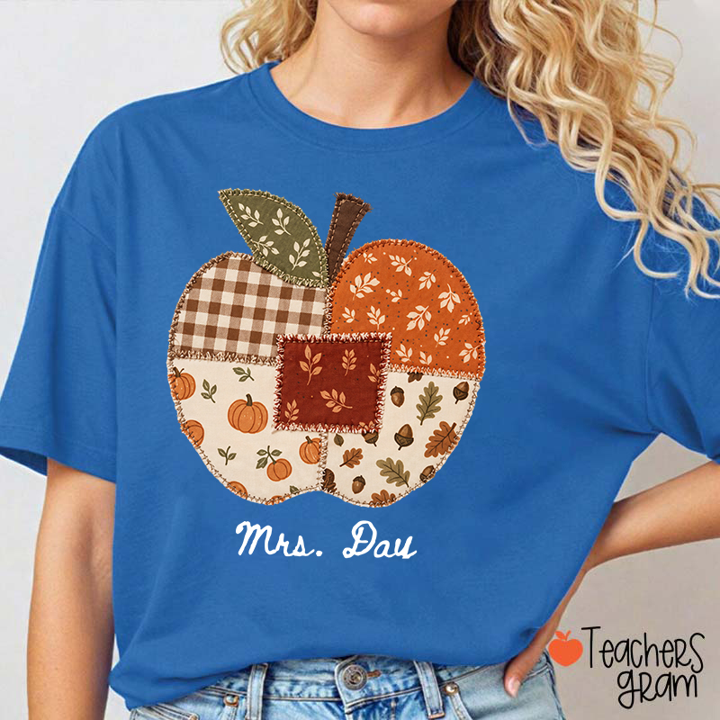 Personalized Name Faux Patchwork Punkpkin Teacher T-Shirt