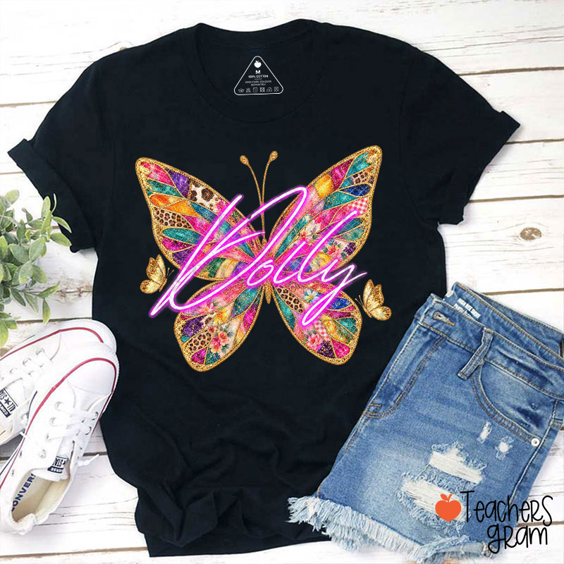 Faux Patchwork Glitter Butterfly Neon Script Small Butterflies Teacher T‑Shirt