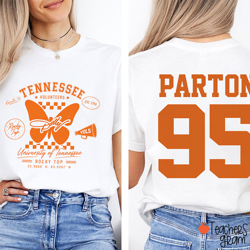 Tennessee Butterfly Rocky Top Parton 95 Teacher Two Sided T-Shirt