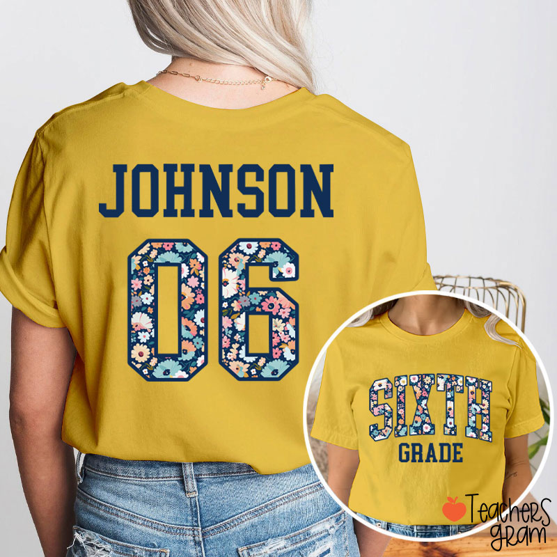 Personalized Grade And Name Floral Fonts Teacher Two Sided T-Shirt