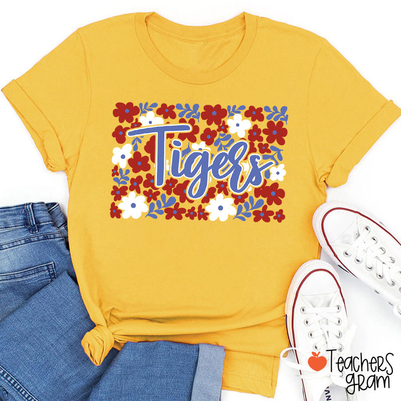 Personalized Mascot Flowers Contrasting Colors School Spirit Teacher T-Shirt