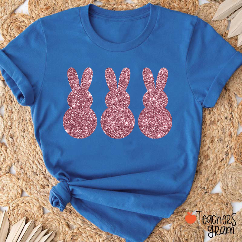 Three Glitter Cute Bunnies Teacher T-Shirt