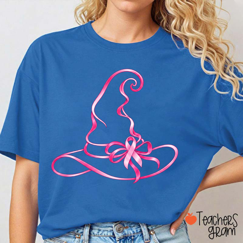 Halloween Witch Hat Pink Ribbon Breast Cancer Support Teacher T‑Shirt