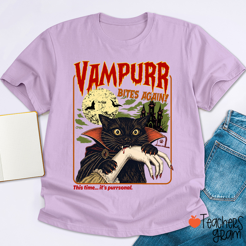 Vampurr Bites Again Vampire Black Cat Halloween Teacher T-Shirt