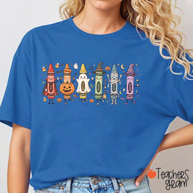 Halloween Cartoon Crayons Character Teacher T-Shirt