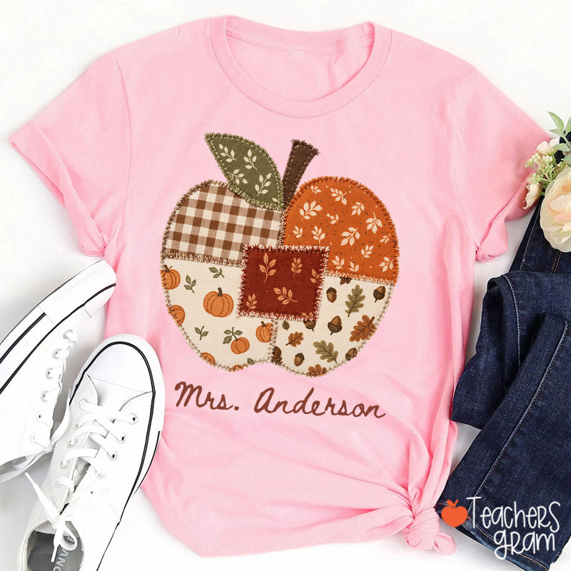Personalized Name Faux Patchwork Punkpkin Teacher T-Shirt