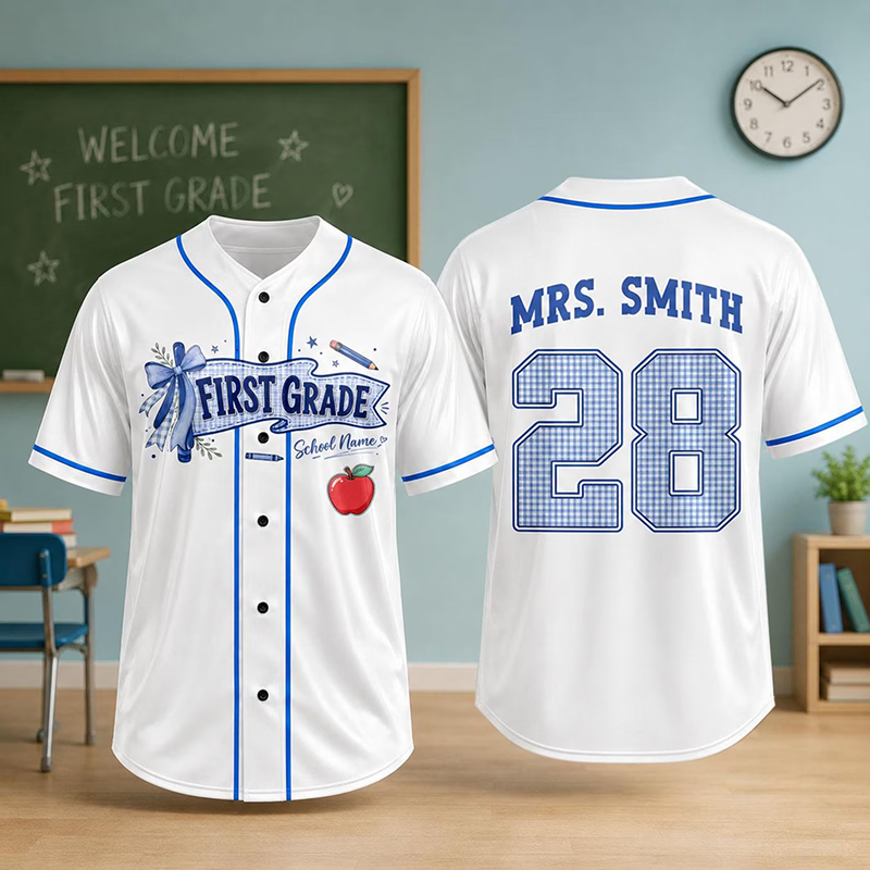 Personalized Grade And Name Gingham Pennant Bow Teacher Baseball Jersey