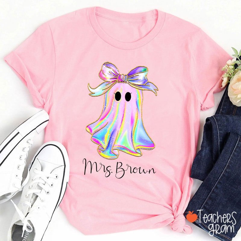 Personalized Name Colorful Neon Bow Ghost Teacher T-Shirt