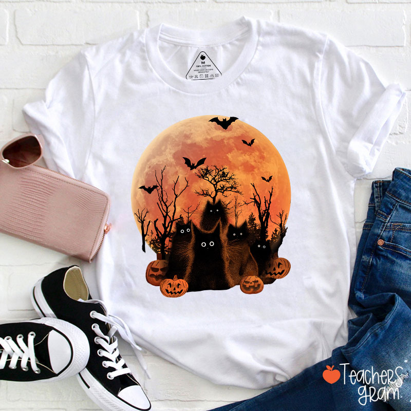 Black Cat Halloween Teacher T-Shirt
