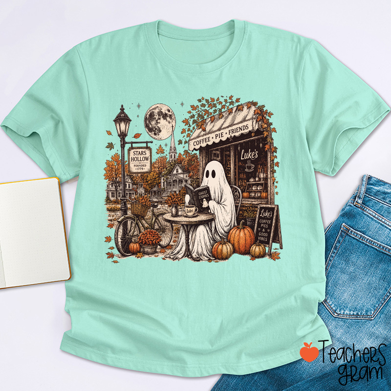 Ghost Reading At Coffee Shop Halloween Teacher T-Shirt