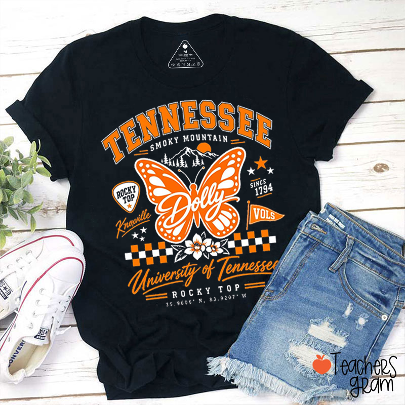 Tennessee Smoky Mountain Orange Butterfly Checker Floral Teacher T‑Shirt