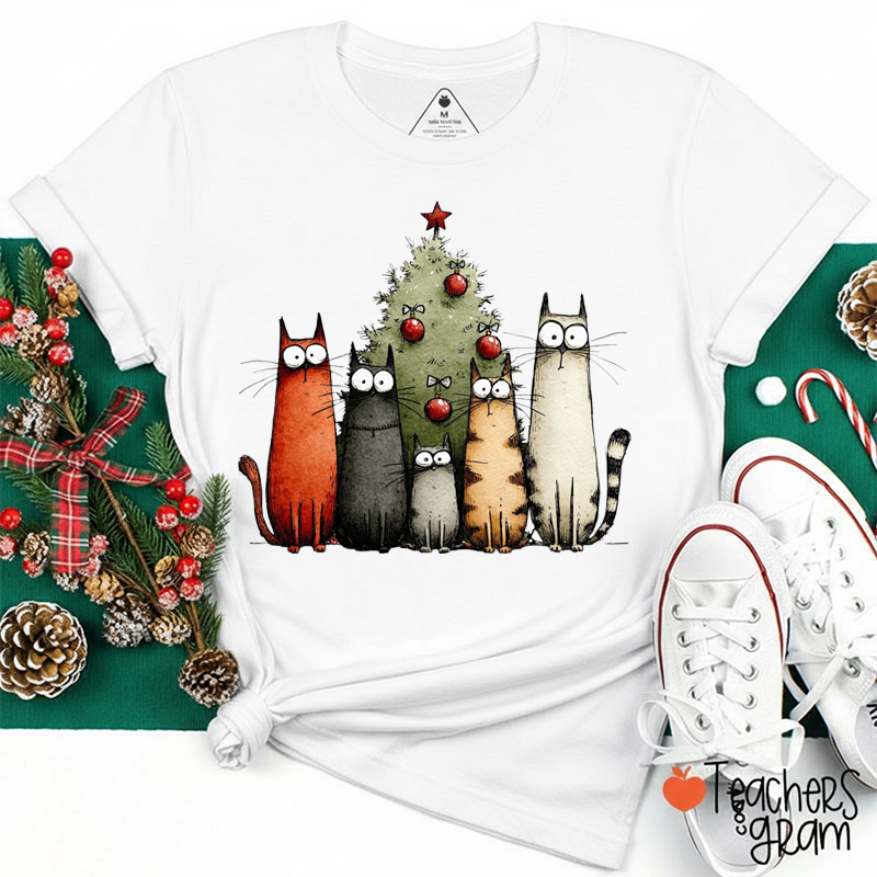 Witty Crazy Kitties Christmas Tree Teacher T-Shirt