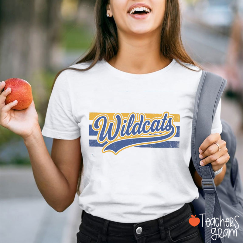Personalized Mascot Vintage Script Striped Swoosh Sport Teacher T‑Shirt