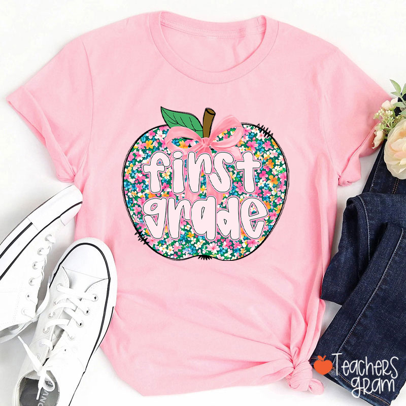 Personalized Grade Flowers Apple Teacher T-Shirt