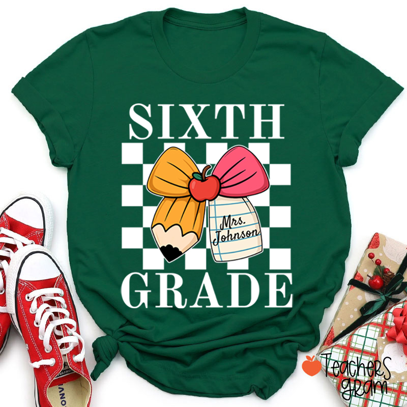 Personalized Grade And Name Pencil Bow Checkered Teacher T-Shirt