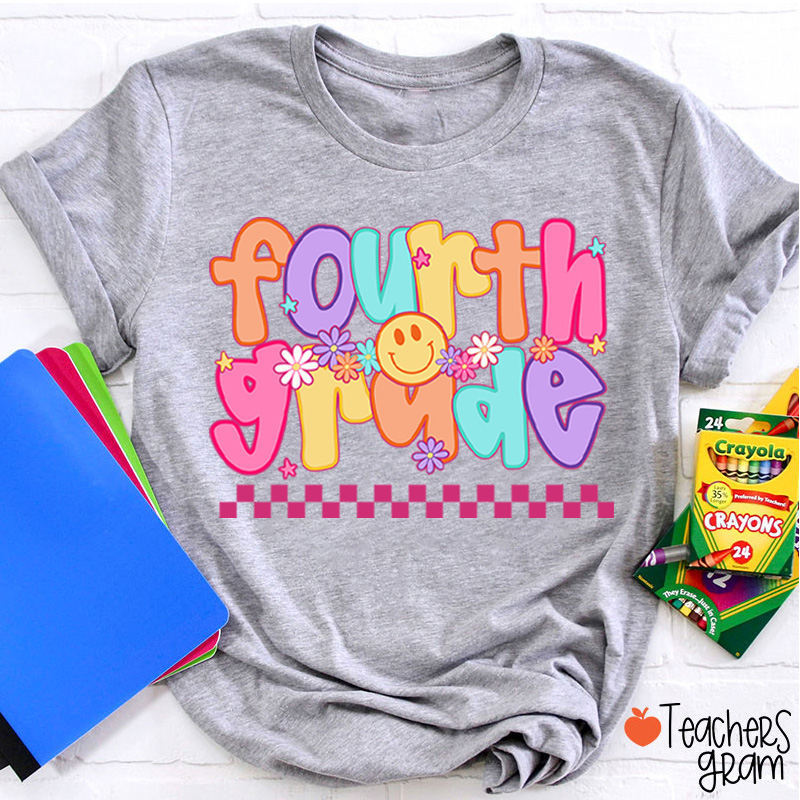 Personalized Grade Candy Color Fonts Checkered Teacher T-Shirt
