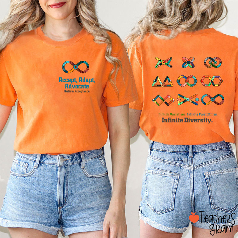 Accept Adapt Advocate Autism Acceptance Teacher Two Sided T-Shirt