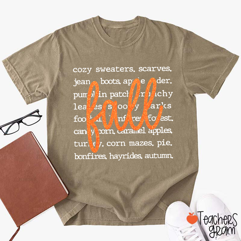 Glitter Fall Autumn Word List Teacher T‑Shirt