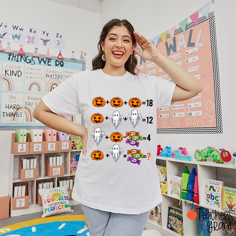 Pumpkin Ghost Candy Addition Math Teacher T-Shirt