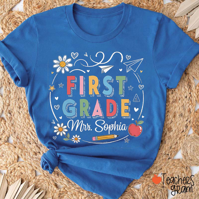 Personalized Name Paper Plane Flower Heart Star Pencil Apple Teacher T-Shirt