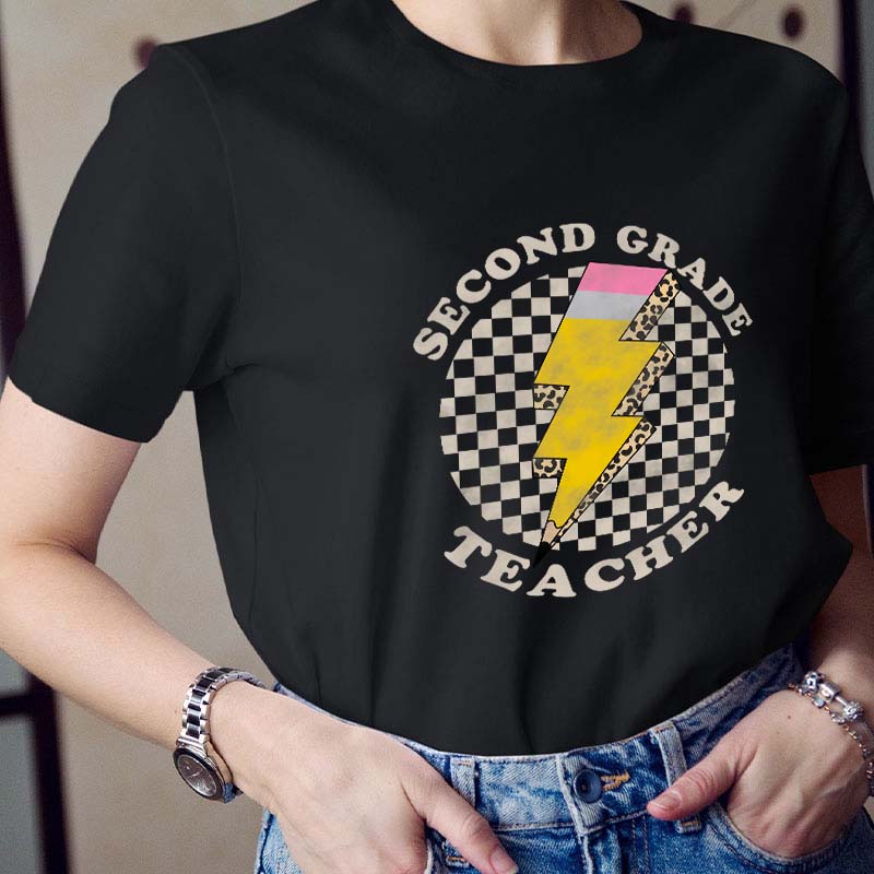Personalized Grade Pencil Lighting Teacher T-Shirt
