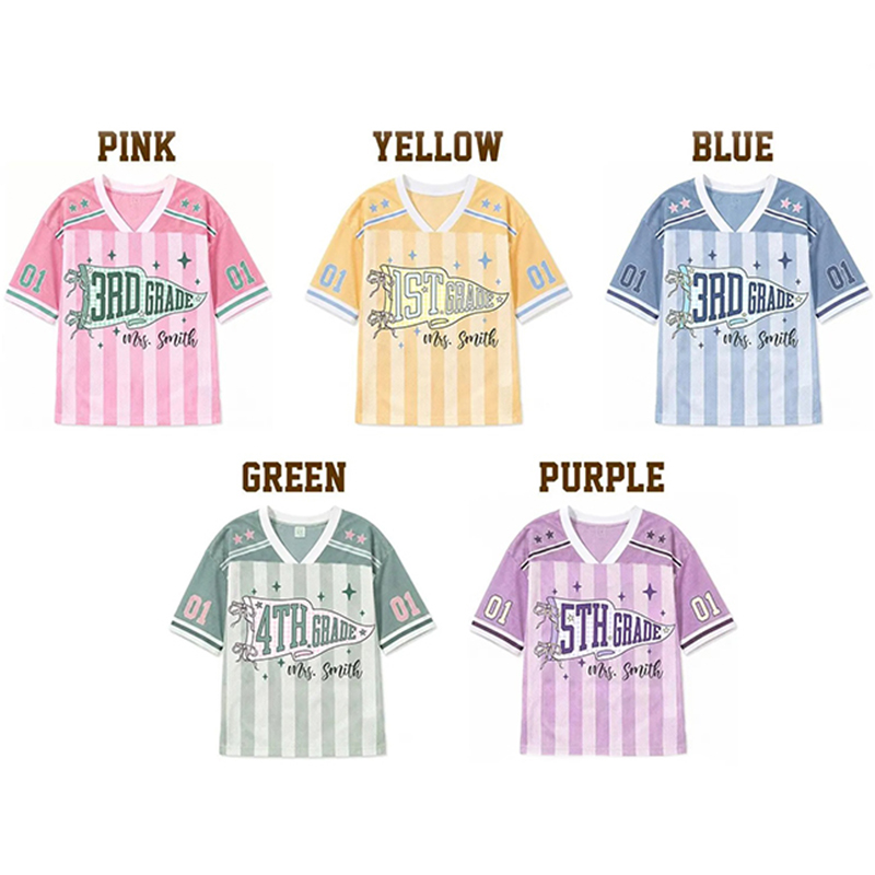Personalized Grade And Name Striped Pennant Bow Star Teacher Mesh Jersey