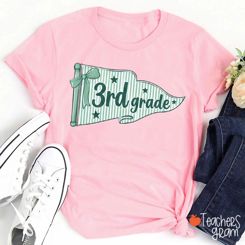 Personalized Grade Coquette Pennant Flag Teacher T-Shirt