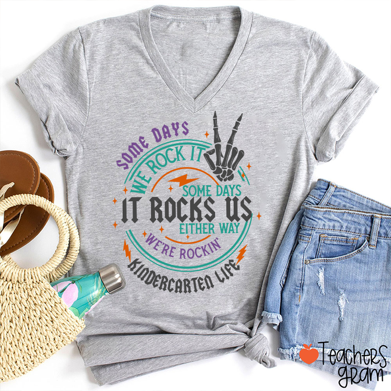 Personalized Grade Rock This School Teacher Female V-Neck T-Shirt