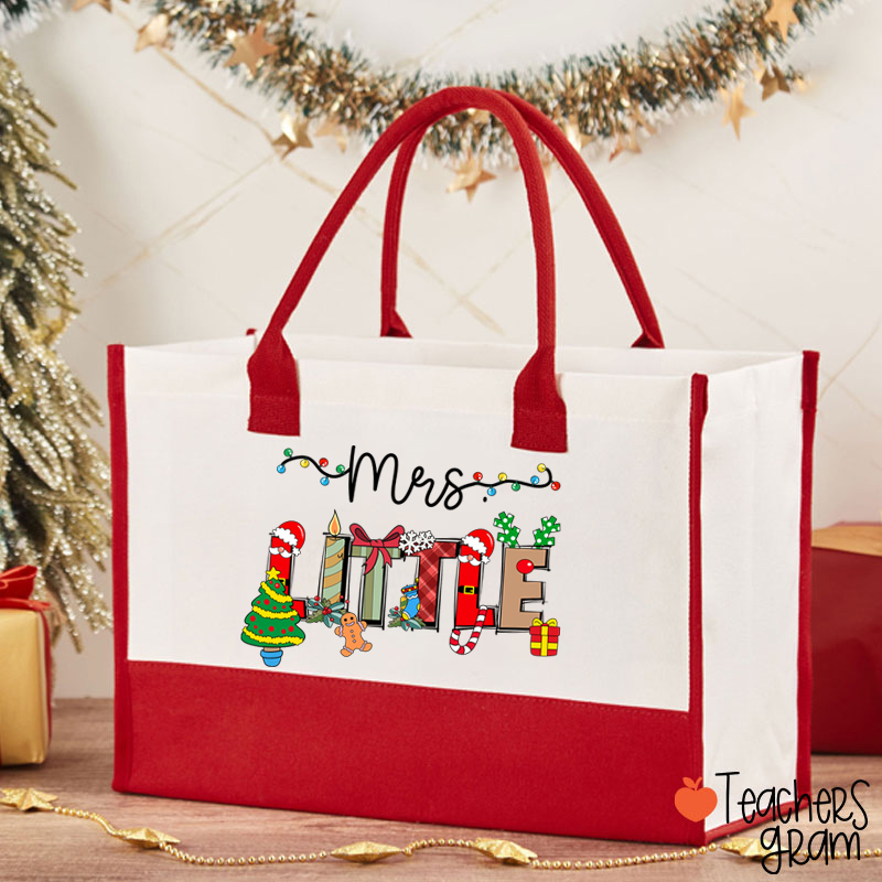Personalized Name Cute Christmas Elements Teacher Cotton Tote Bag