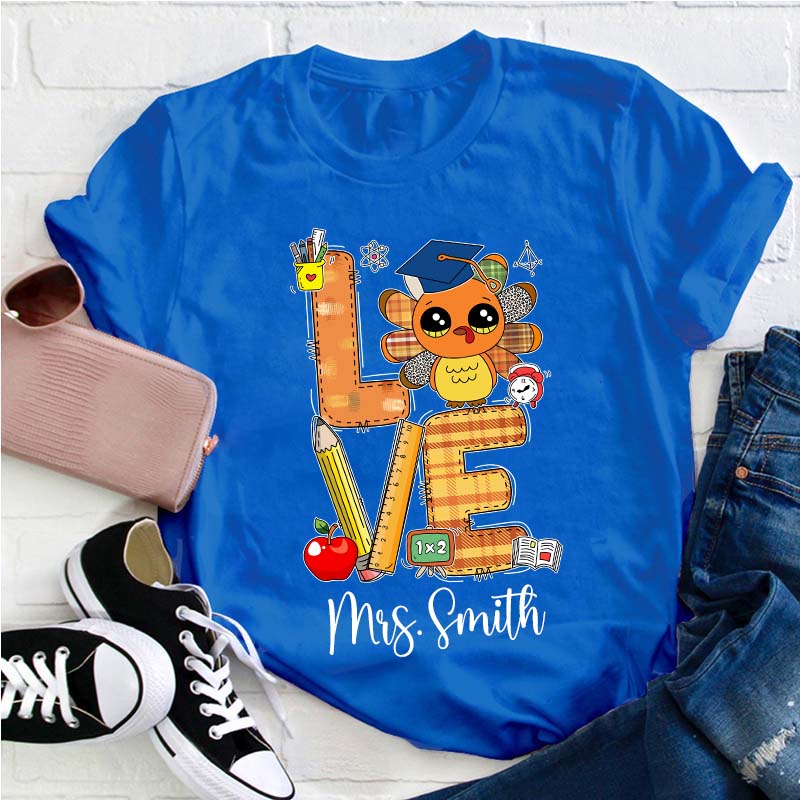 Personalized Name Thankful Cute Turkey Teacher T-Shirt