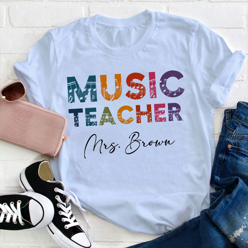 Personalized Name Colorful Music Teacher T-Shirt
