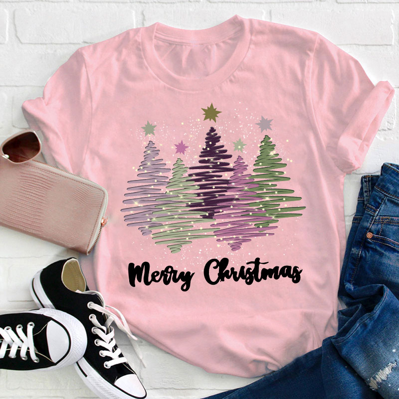Merry Christmas Colorful Trees Teacher T-Shirt