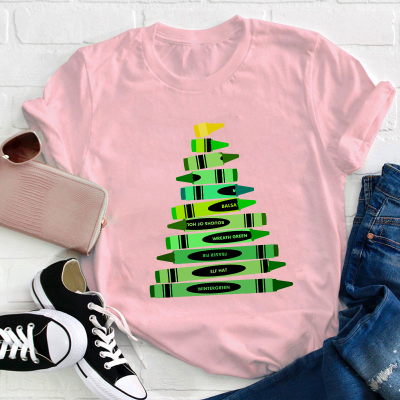 Green Crayon Christmas Tree Teacher T-Shirt