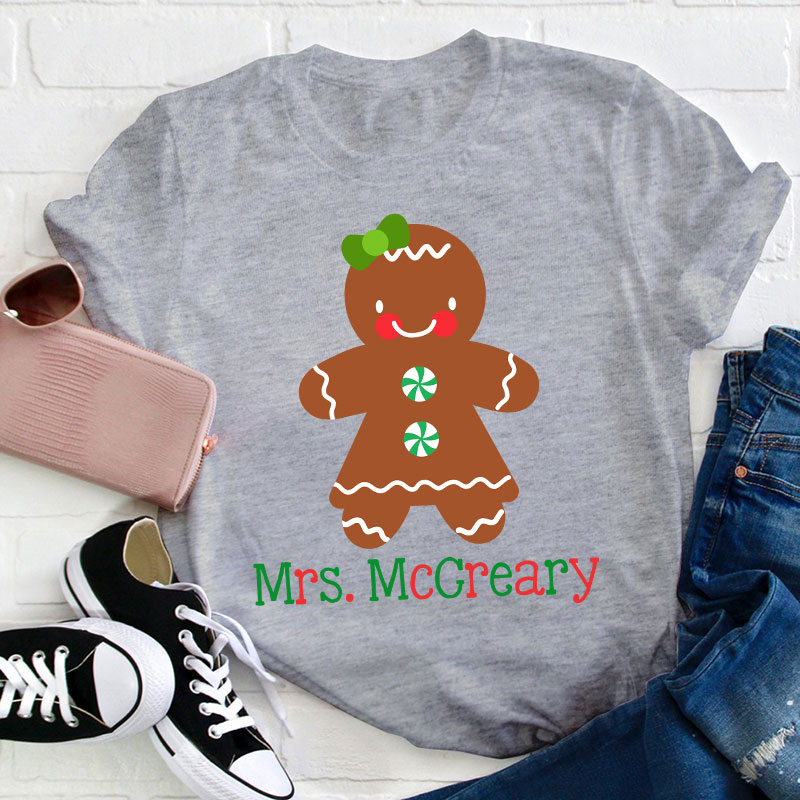 Personalized Name Cute Christmas Gingerbread Teacher T-Shirt