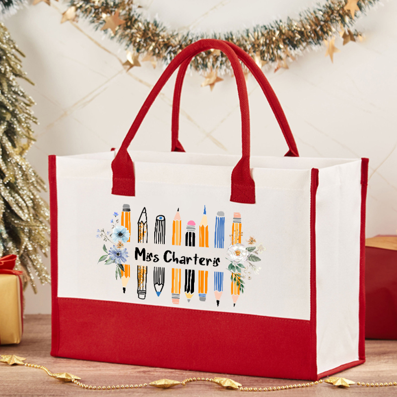 Personalized Name Colored Pencil Flowers Teacher Cotton Tote Bag