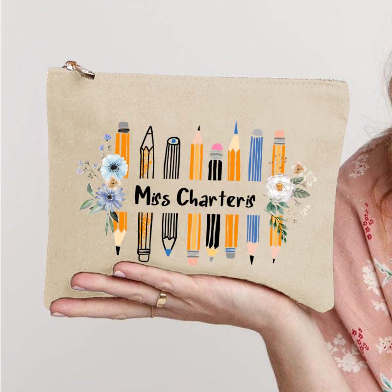 Personalized Name Colored Pencil Flowers Teacher Makeup Bag