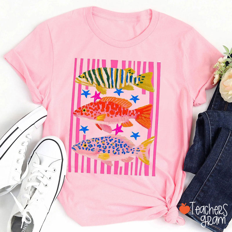 Colorful Maximalist Tropical Fish Trio Teacher T-Shirt