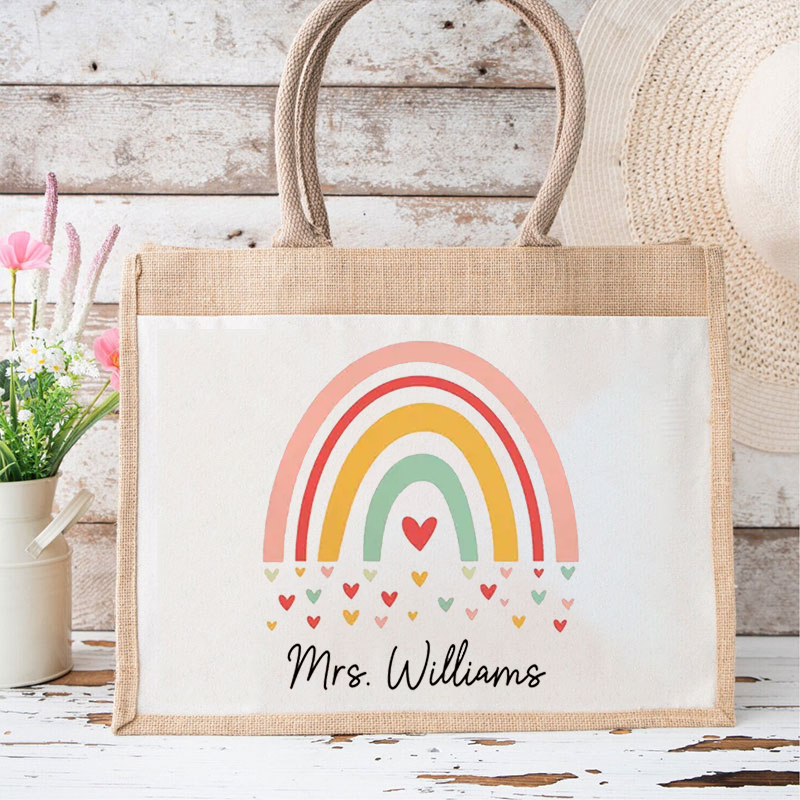 Personalized Name Rainbow Heart Teacher Jute Lunch Bag