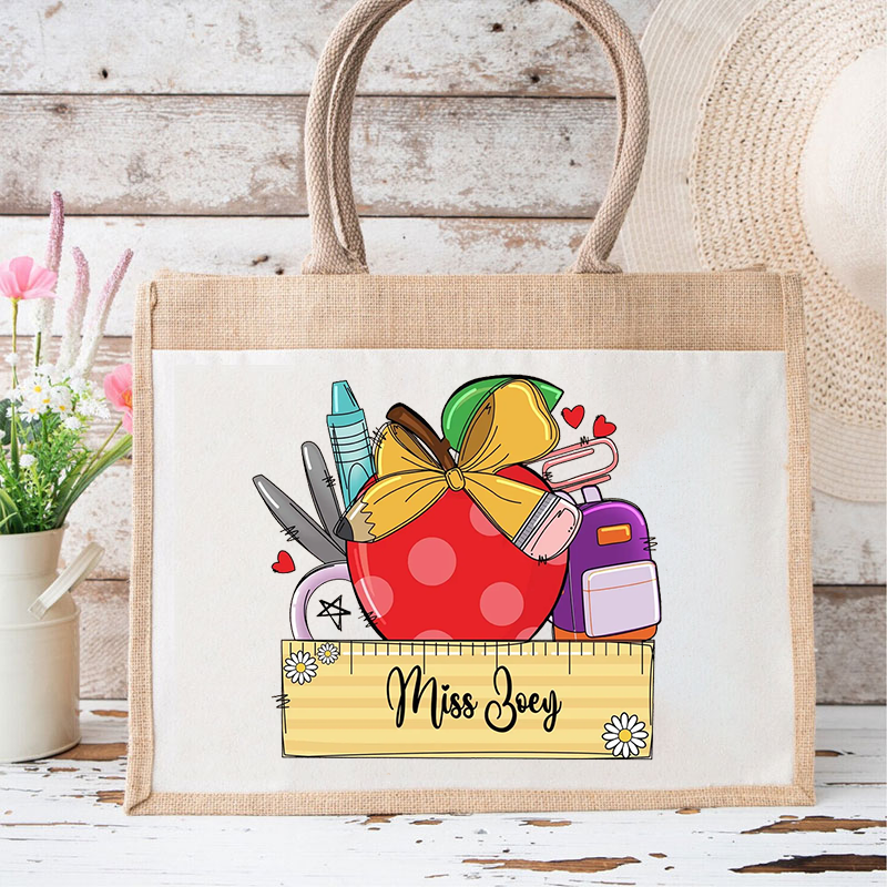 Personalized Name Stationery Apple Love Flower Teacher Jute Lunch Bag