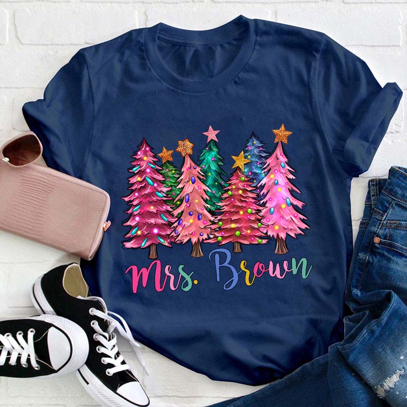 Personalized Name Colorful Christmas Trees Teacher T-Shirt