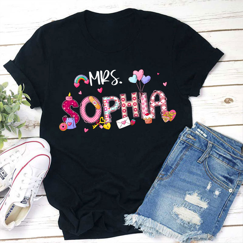 Personalized Pink Love Valentine Teacher T-Shirt