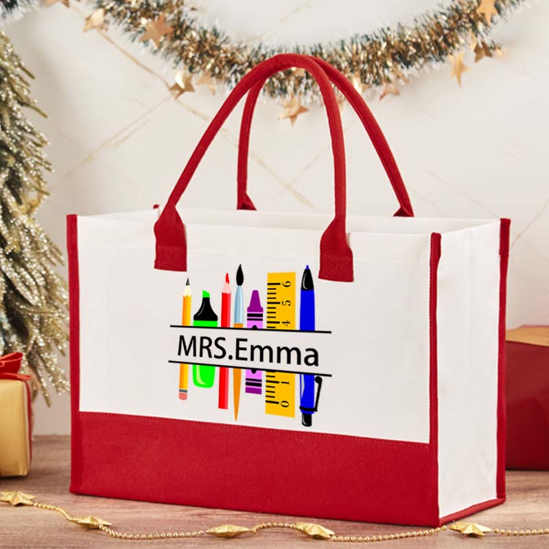 Personalized Name Crayon Pencil Brush Stationery Teacher Cotton Tote Bag