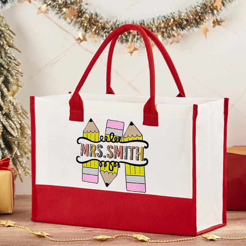 Personalized Colourful Pencil Teacher Cotton Tote Bag